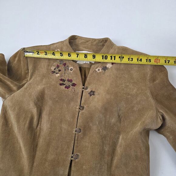 Margaret Godfrey Coat Womens 6 Tan Suede Leather Embroidered Floral Button Lined - Picture 6 of 11